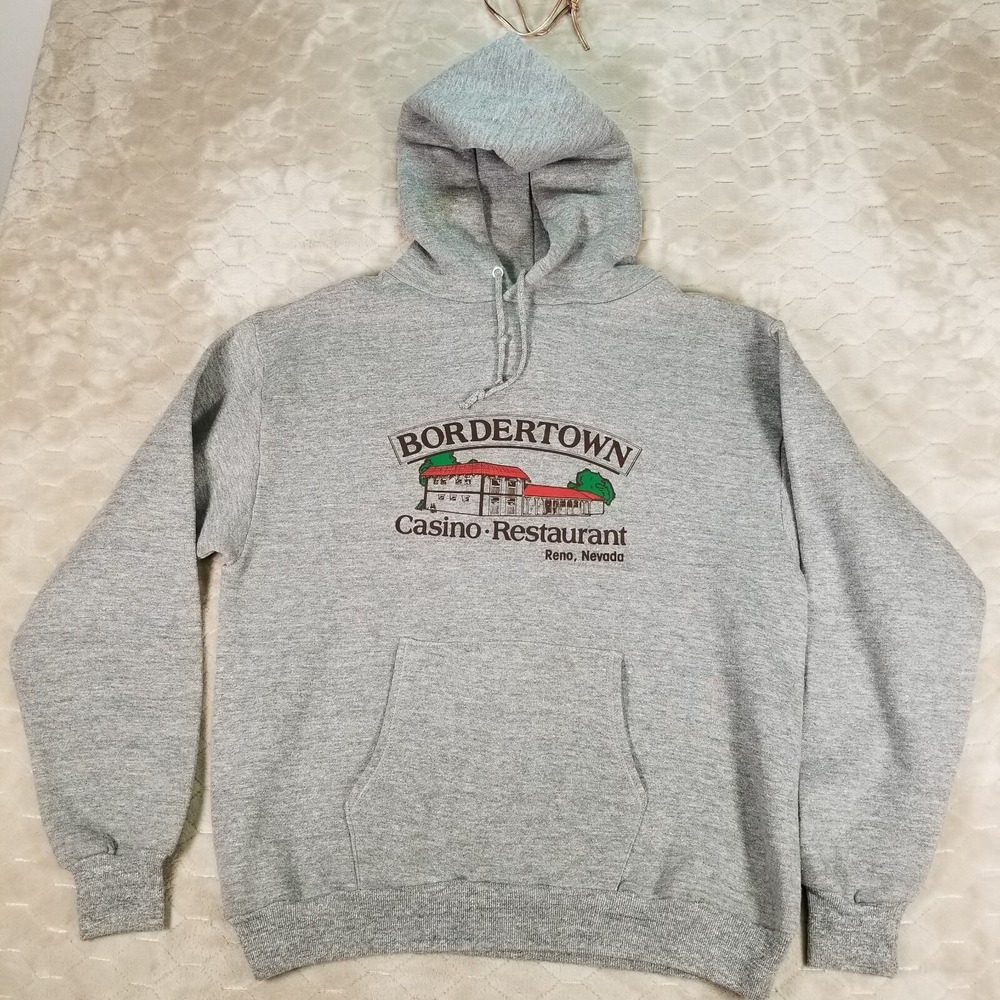 VTG 80s Bordertown Casino Restaurant Reno‎ NV Hoodie Sz Lg JERZEES Fleece Lined